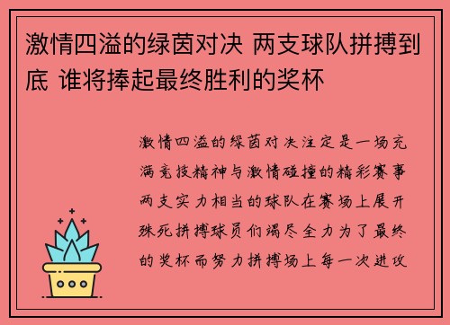 激情四溢的绿茵对决 两支球队拼搏到底 谁将捧起最终胜利的奖杯