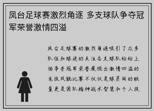 凤台足球赛激烈角逐 多支球队争夺冠军荣誉激情四溢